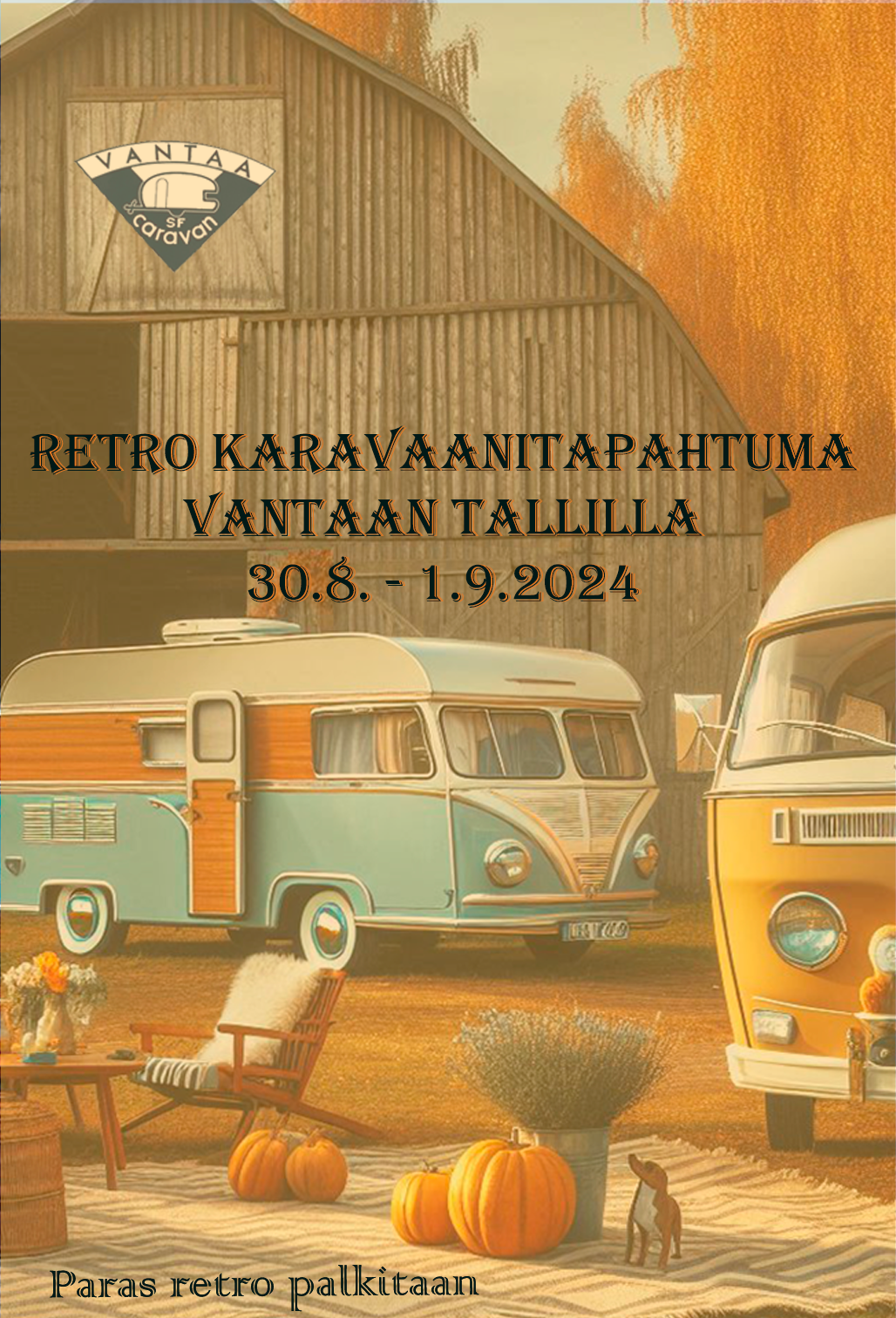 Kakksi kleinbussia seisoo ladon edessä, jonka yläosassa on Vantaan yhdistyksen logo